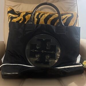 Large Tory Burch Black Tote Bag in nylon with patent leather detailing.
